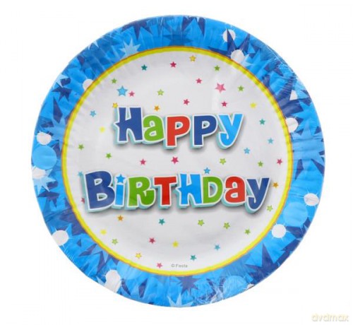 Talerzyki papierowe "Happy Birthday niebieskie 18 cm 6 szt.