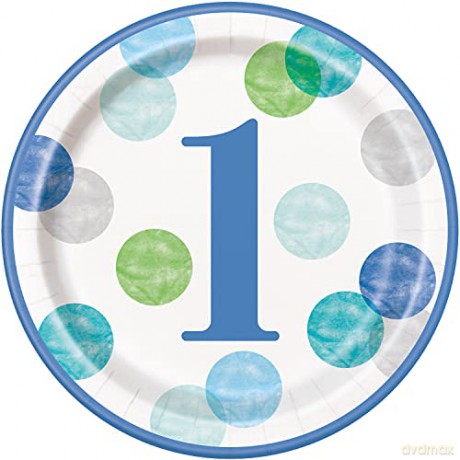 Talerzyki papierowe First Birthday, niebieskie grochy, 23 cm, 8 szt. (plastik-free)