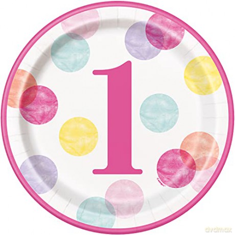 Talerzyki papierowe First Birthday, różowe grochy, 23 cm, 8 szt. (plastik-free)