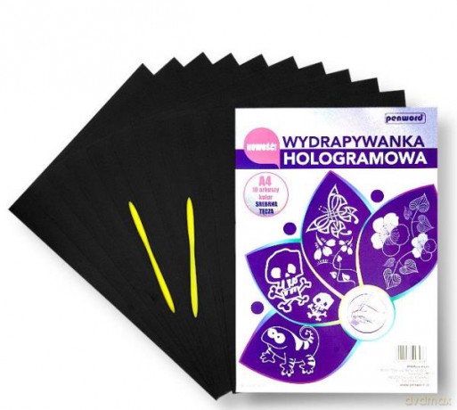 Wydrapywanka hologramowa A4 (10 arkuszy) srebrna tęcza + 2 rylce