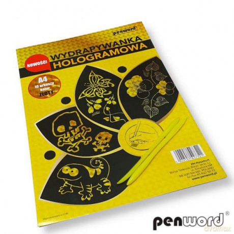 Wydrapywanka hologramowa A4 (10 arkuszy) złota + 2 rylce