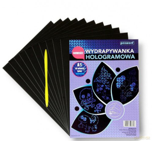Wydrapywanka hologramowa A5 (10 arkuszy) niebieska + rylec