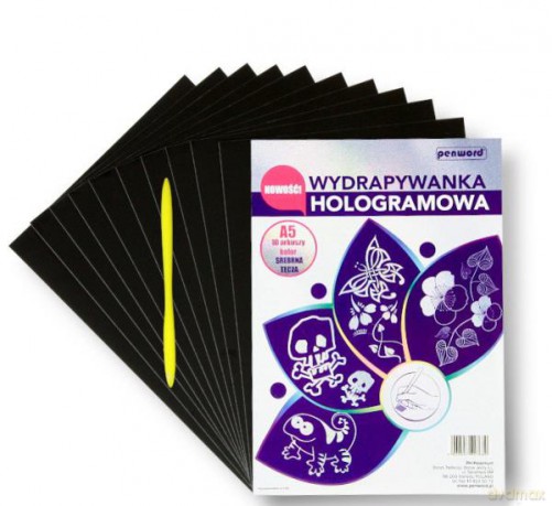 Wydrapywanka hologramowa A5 (10 arkuszy) srebrna tęczowa + rylec
