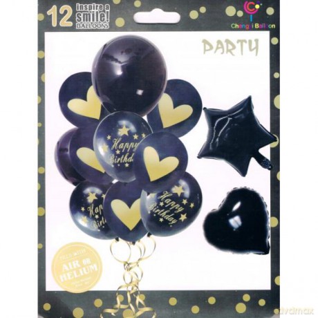 Zestaw balonów Happy Birthday, czarne 12 szt. 30-46 cm BCF-112