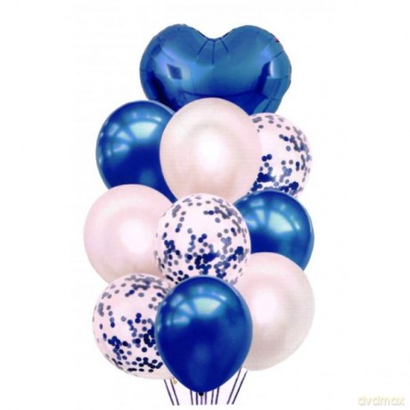 Zestaw balonów z sercem i konfetti 30-46 cm 10 szt granatowe i perłowe BCS-570