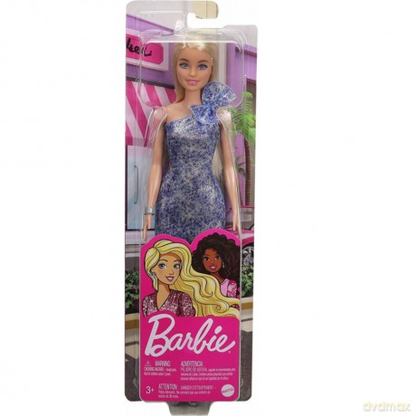 Lalka Barbie blondynka w lśniącej niebieskiej sukni