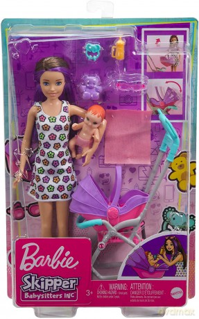 Lalka Barbie Opiekunka Skipper Wózek + bobas Zestaw