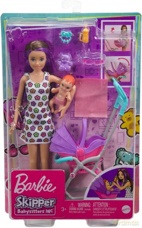 Lalka Barbie Opiekunka Skipper Wózek + bobas Zestaw