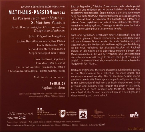 Bach: Matthaus-Passion BWV 244 Pichon Pygmalion Pregardien Degout [3CD]
