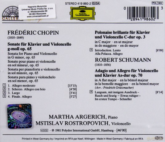 Martha Argerich Rostropovich: Chopin:Pno Son Op.65 + [CD]