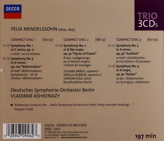 Ashkenazy Dso Berlin: Mendelssohn Symphonies [3CD]