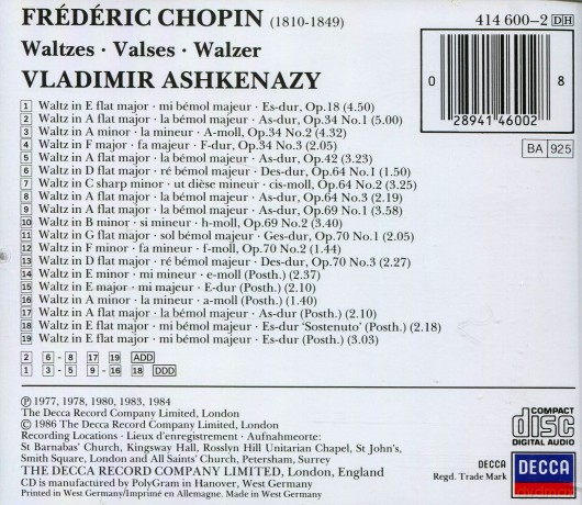 Ashkenazy: Chopin:Die Walzer [CD]