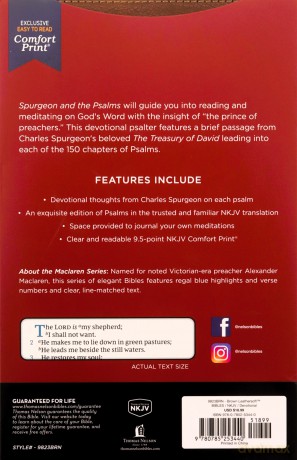 NKJV, Spurgeon and the Psalms, Maclaren Series, Leathersoft, Brown, Comfort Print: The Book of Psalms with Devotions from Charles Spurgeon - Bibles - Thomas Nelson [KSIĄŻKA]