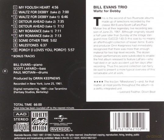 Bill Evans Trio: Waltz For Debby [CD]