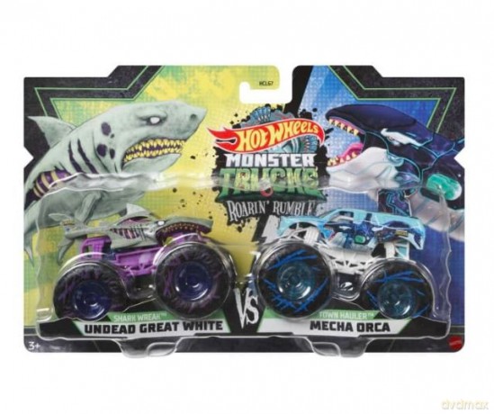 Zestaw pojazdów Monster Trucks 2-pak Shark Wreak Undead Great White kontra Town Hauler Mecha Orka