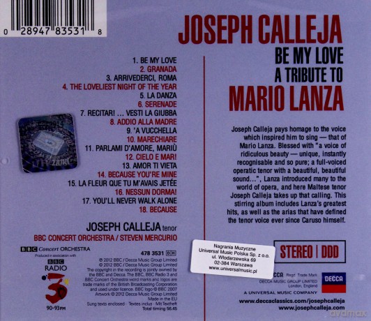 Joseph Calleja: Be My Love A Tribute To Mario Lanza [CD]
