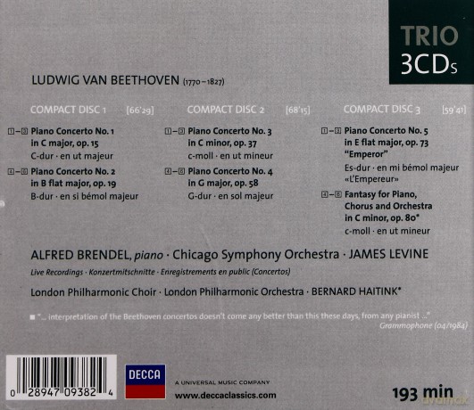 Brendel,Levine,Chicago Symph.Orch.: Beethoven Piano Ctos [3CD]