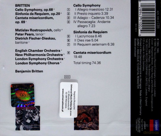 Britten,English Ch. Orch.: Britten:Cello Symphony,Symph.Da Requiem [CD]