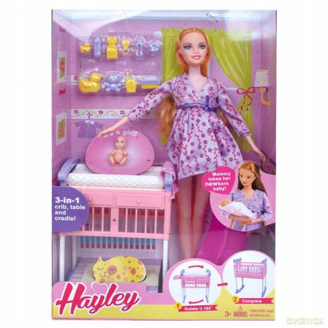 Lalka w ciązy + łóżeczko i akcesoria