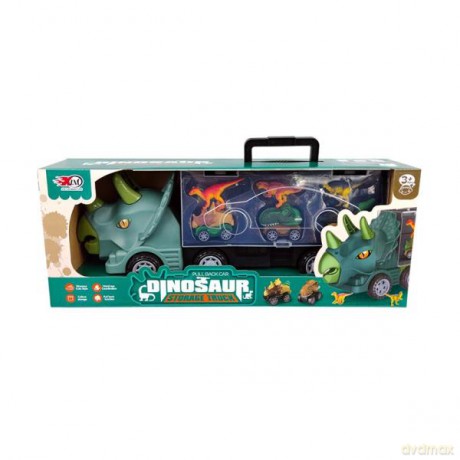 Auto laweta z dinozaurem 1006947 3x figurka dinozaura, 3x mały samochodzik z kabiną w kształcie dinozaura, 1x ciężarówka