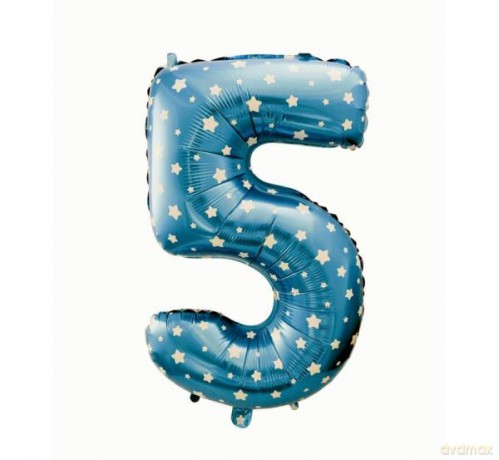 Balon foliowy Cyfra 5 niebieski w gwiazdy 61cm