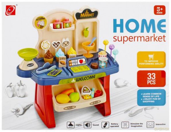 Supermarket z akcesoriami MC kasa sklepowa z czytnikiem, kart płatnicza, lada sklepowa, owoce, warzywa, pieczywo, ciastka, ciasteczka
