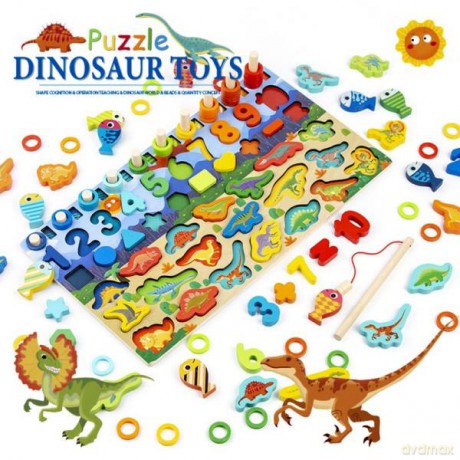 Układanka drewniana, puzzle wielofunkcyjne - zestaw dinozaur 211981