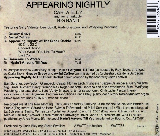 Carla Bley: Appearing Nightly [CD]