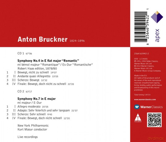 Kurt Masur/Nyp: Bruc:Symphony No.4&7 [2CD]