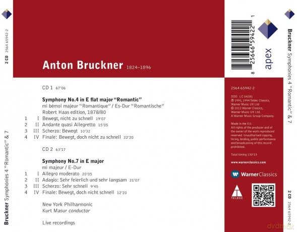 Kurt Masur/Nyp: Bruc:Symphony No.4&7 [2CD]