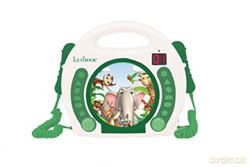 LEXIBOOK - Portable Animal CD Player with Microphones, Handle, Programming, Repeat, Karaoke, Jungle, Earphone Jack, Kid, Boy, Girl, White/Green, RCDK100ANX