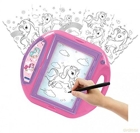 LEXIBOOK CR310UNI Unicorn Drawing Projector, 4 tampons, 10 templates, Lighting Screen, 1 Pen Included, Artistic and Creative Toy for Girls and Boys, Pink/Purple