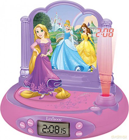 LEXIBOOK Disney Princess Rapunzel Projector clock, built-in night light, time projection onto the ceiling, sound effects, battery-powered, Pink/Purple, Standard