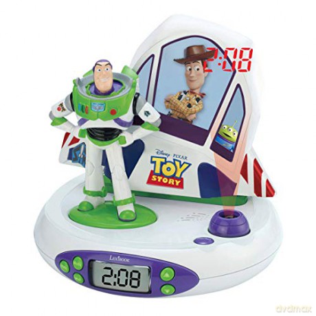 LEXIBOOK Disney Toy Story Buzz & Woody Projector Radio Clock, Night Light, time Projection onto The Ceiling, Sound Effects, Battery-Powered, White/Green, RP505TS