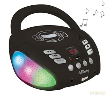 LEXIBOOK iParty-Bluetooth CD Player for Kids - Portable, Multicoloured Light Effects, Microphone, Aux-in Jack, AC or Battery-Operated, Girls, Boys, Black, RCD109BK