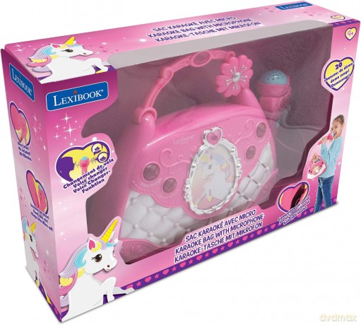 LEXIBOOK K102UNI Unicorn Karaoke Bag with Microphone, Voice Changer, Demo Songs, Light Effects, mic Included, aux-in Input, Pink/Blue