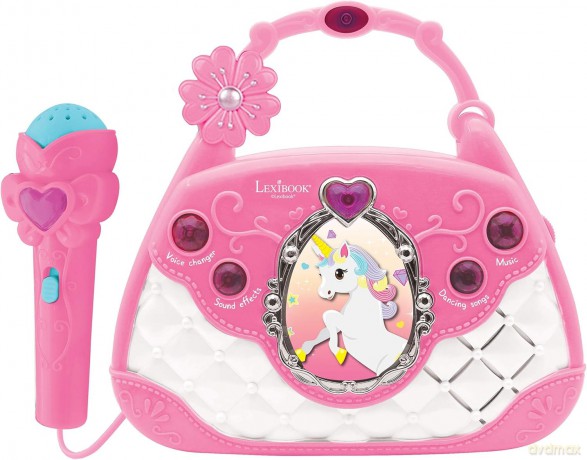 LEXIBOOK K102UNI Unicorn Karaoke Bag with Microphone, Voice Changer, Demo Songs, Light Effects, mic Included, aux-in Input, Pink/Blue
