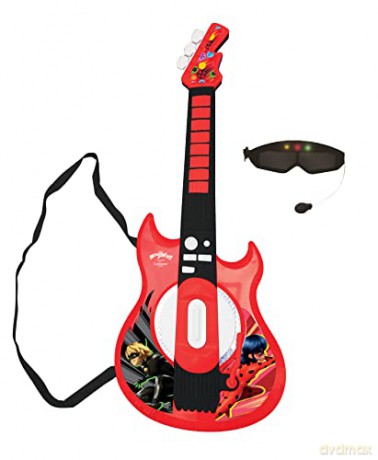 LEXIBOOK K260MI Miraculous Electronic Lighting Guitar with mic, Glasses with Microphone, Demo Songs, 2 Game Modes, MP3 Plug, Black red