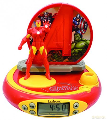 LEXIBOOK Marvel The Avengers Iron Man Projector Clock, Built-in Night Light, time Projection onto The Ceiling, Sound Effects, Battery-Powered, Red/Yellow, Standard