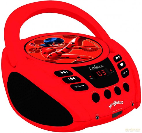 LEXIBOOK Miraculous Lettore CD Boombox, Jack per microfono, AUX IN, AC o batterie, Rosso/Nero, RCD108MI