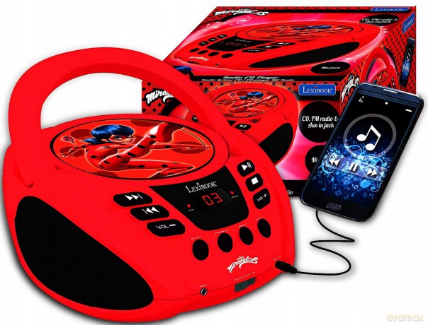 LEXIBOOK Miraculous Lettore CD Boombox, Jack per microfono, AUX IN, AC o batterie, Rosso/Nero, RCD108MI