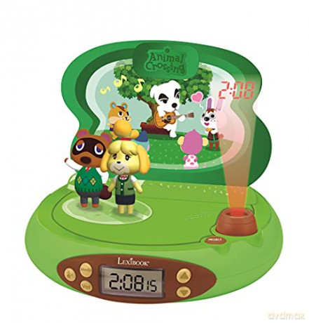 LEXIBOOK Nintendo-Animal Crossing Projector Alarm Clock for Kids-with Night Light and Time Projection to The Ceiling, Sound Effects, Boys, Girls, Green
