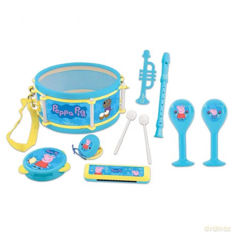 LEXIBOOK Peppa Pig George giocattolo musicale, Set di 7 strumenti musicali (Tamburo, Maracas, Castanet, Armonica, Flauto dolce, Tromba, Tamburello), Gioco Comodo da trasportare, Blu/Giallo, K360PP