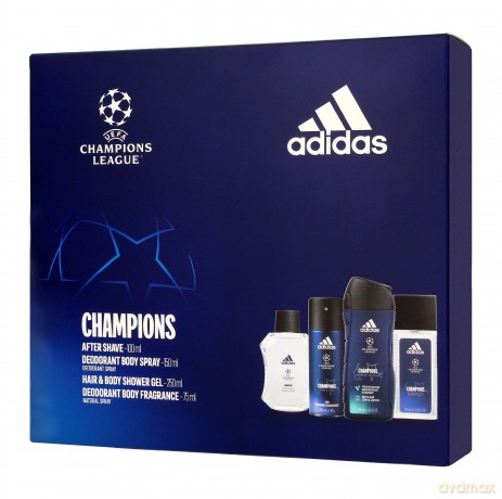 Adidas Zestaw prezentowy Champions (woda po goleniu 100 ml+dezodorant spray 150 ml+deo atomizer 75 ml+żel pod prysznic 250 ml)