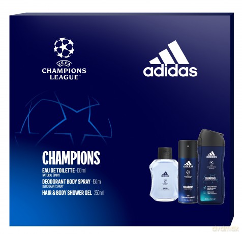 Adidas Zestaw prezentowy Champions (woda toaletowa 100 ml+dezodorant spray 150 ml+żel pod prysznic 250 ml)