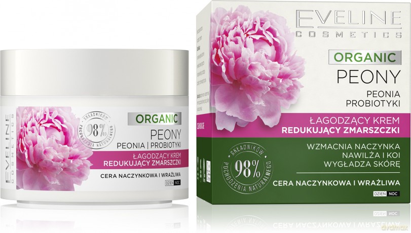Eveline Organic Peony Łagodzący Krem redukujący zmarszczki na dzień i noc - cera naczynkowa i wrażliwa 50 ml