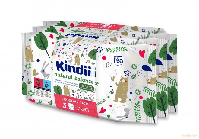 Kindi Natural Balance Chusteczki oczyszczające dla niemowląt i dzieci TRIO-3x60 szt