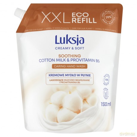 Luksja Creamy & Soft Łagodzące Kremowe Mydło w płynie mleczko Bawełniane i Prowitamina B5 1500 ml - zapas