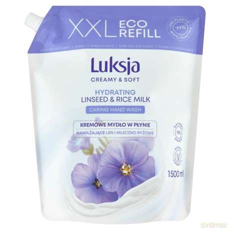 Luksja Creamy & Soft Nawilżające Kremowe Mydło w płynie Len i mleczko Ryżowe 1500 ml - zapas