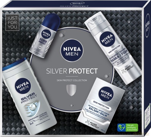 Nivea Men Zestaw prezentowy Silver Protect (żel pod prysznic 250 ml+pianka do golenia 200 ml+balsam po goleniu 100 ml+deo roll-on 50 ml)